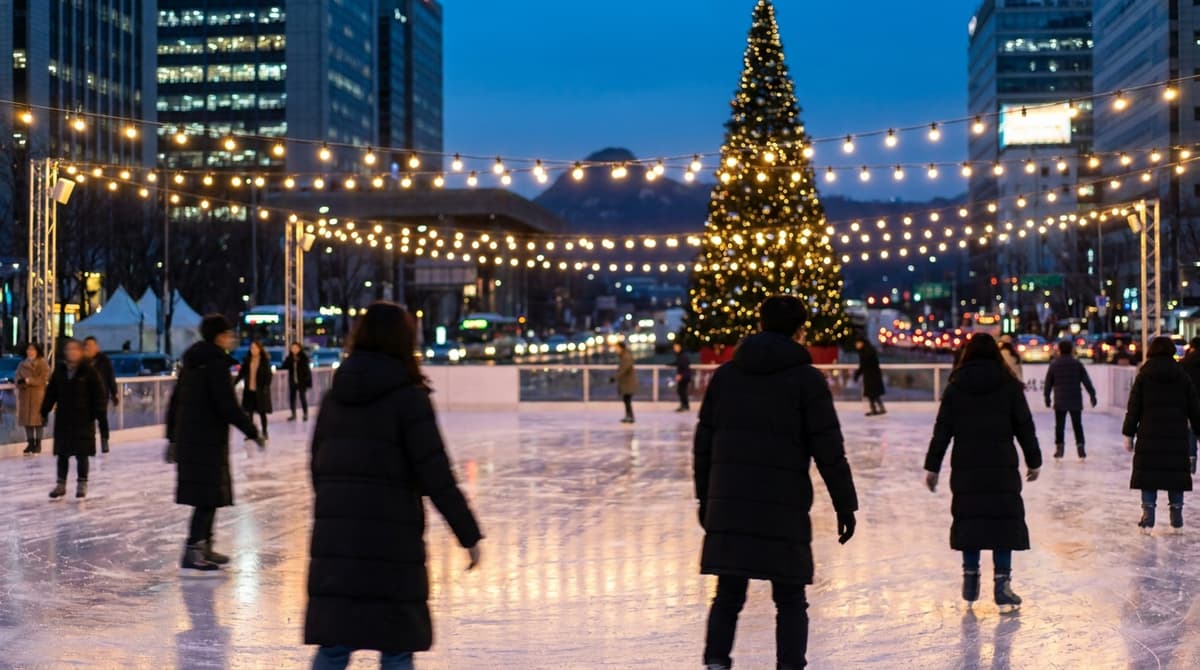 An outdoor ice skating rink in a Seoul city plaza at dusk, skaters in winter coats seen from behind and at a distance, strings of warm lights overhead and a tall decorated Christmas tree at the edge of the rink, on dry land, no river, no signs, no text anywhere