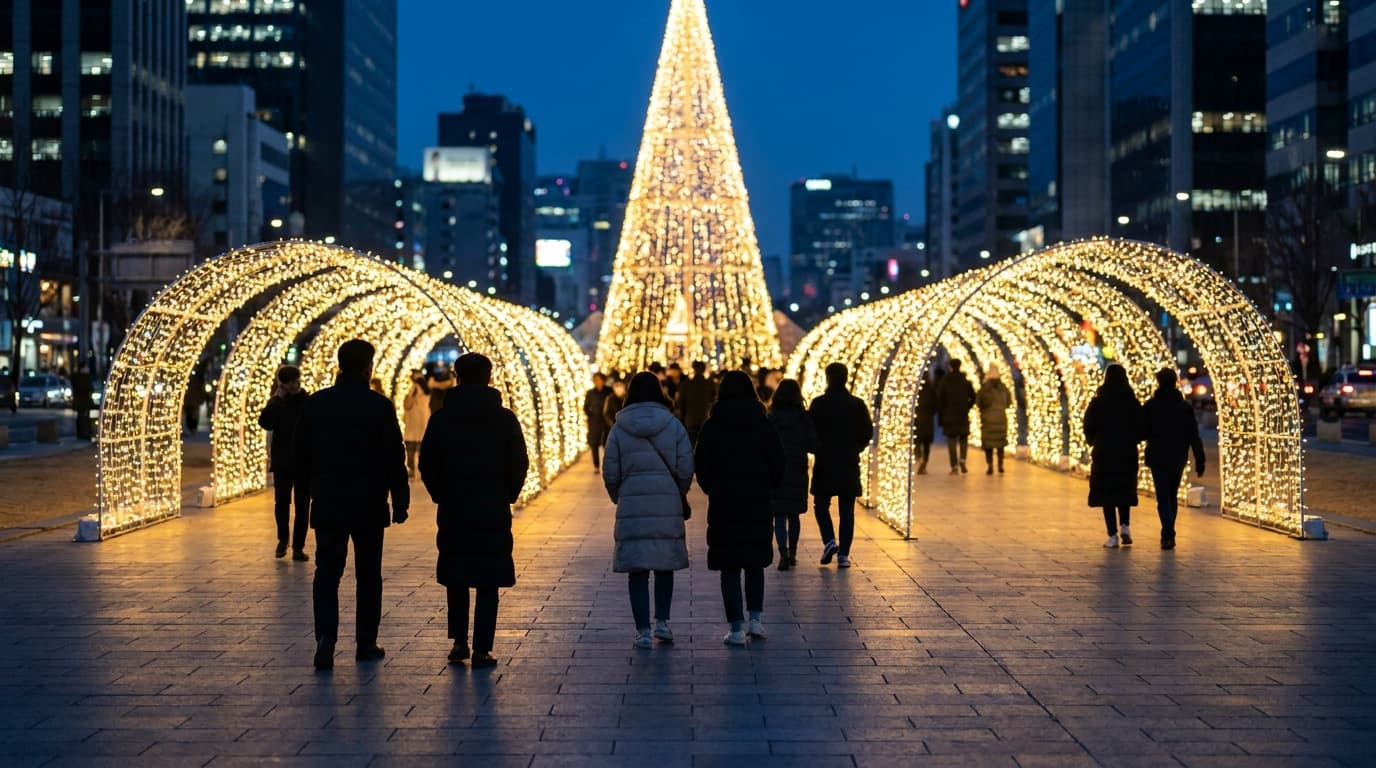 Backlit silhouettes of people in winter coats walking through a large outdoor Christmas light display on a wide city plaza in Seoul at blue hour, rows of warm white light tunnels and a tall glowing tree in the distance, on dry paved ground, no river, no water, faces not visible, no signs, no text anywhere