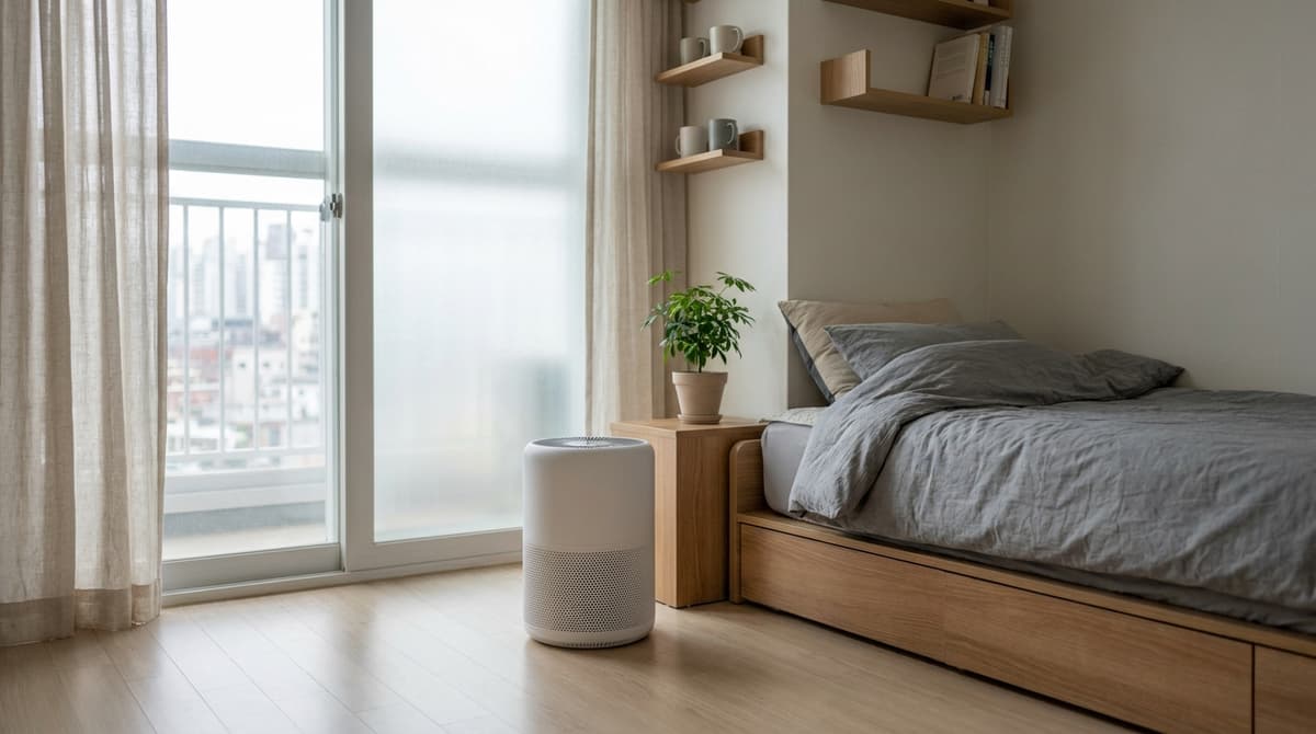 A compact plain white air purifier standing on a light wooden floor in a small tidy Korean one-room, a low bed with a grey blanket and a small potted plant nearby, soft hazy daylight through a closed window, plain white walls, an empty room with no people, no logos, no display numbers, no text anywhere