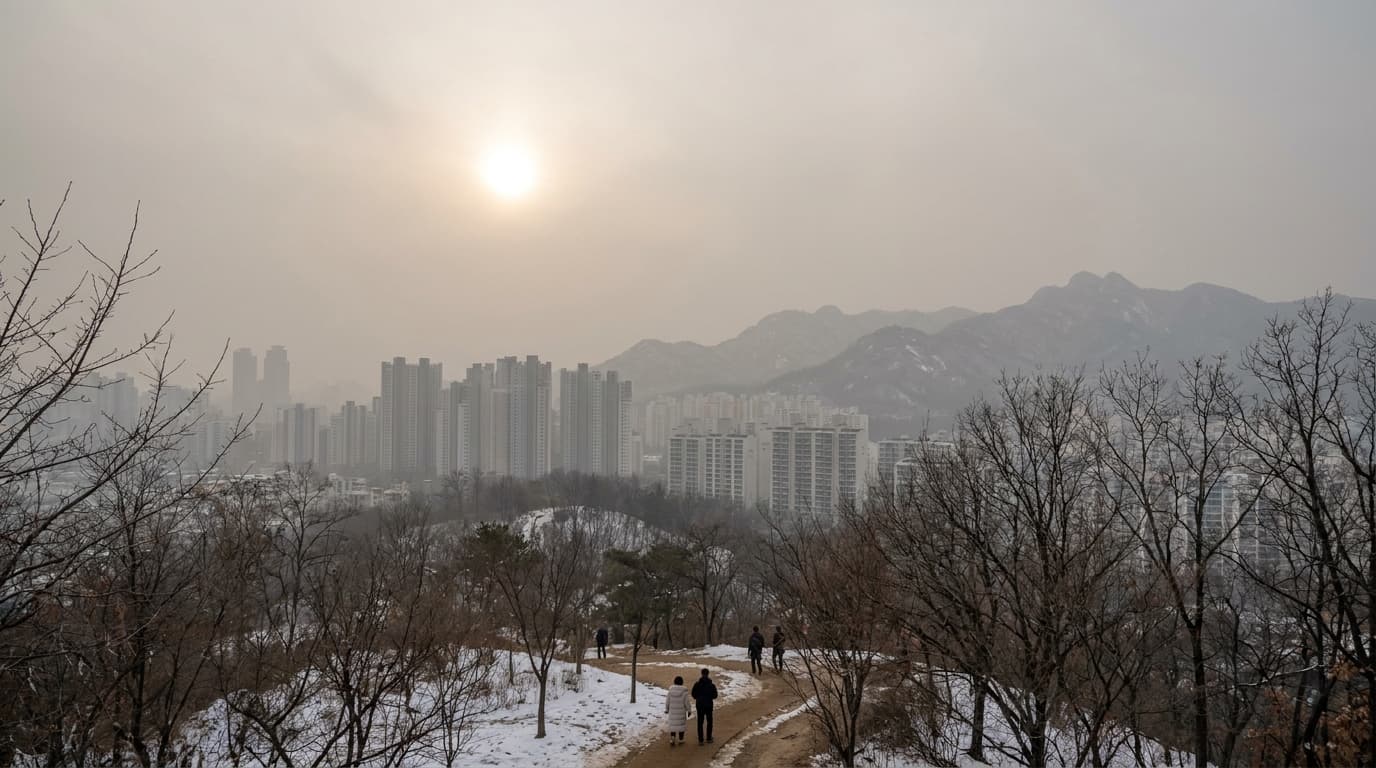 A wide view of the Seoul skyline from a hillside park on a hazy winter afternoon, apartment towers and distant mountains softened by thick grey-beige haze, bare trees in the foreground, pale washed-out sun, a few small figures on the path seen from behind, no signs, no text anywhere
