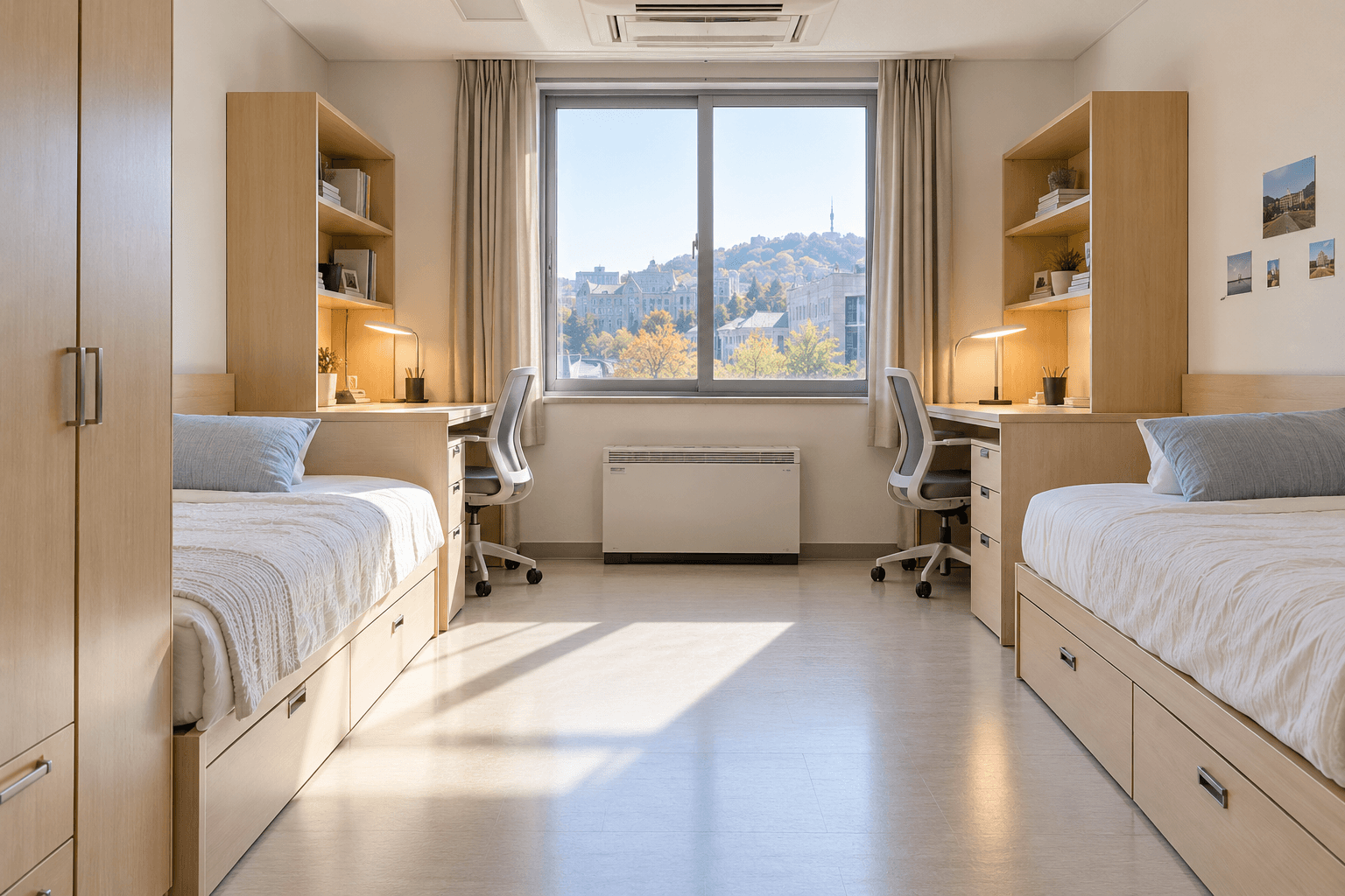 Shared university dormitory room in Korea with two single beds, study desks, and a window
