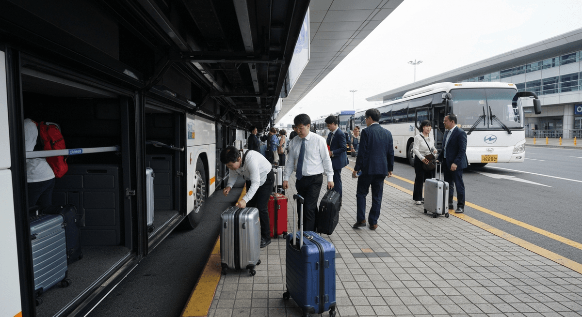 Incheon Airport limousine bus loading zone at arrivals, passengers stowing luggage in undercarriage compartments