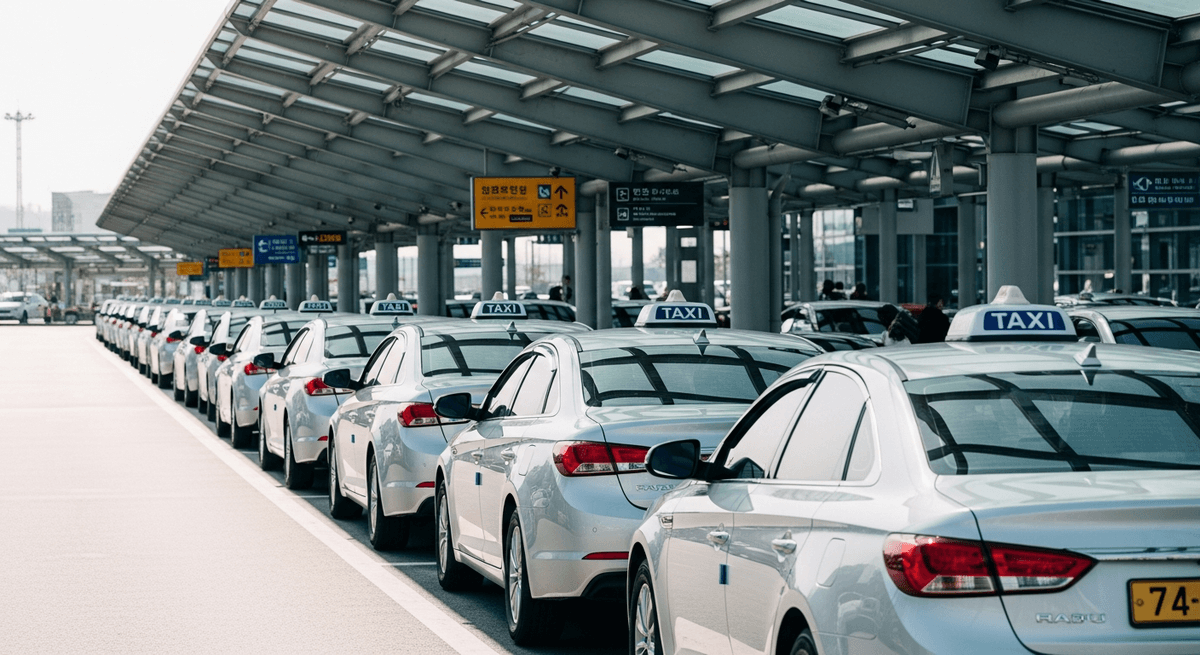 Korean taxis waiting outside Incheon Airport arrivals