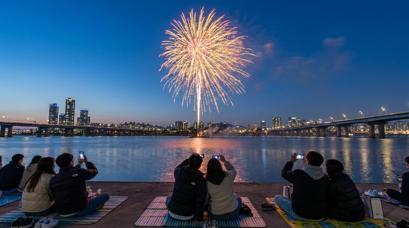 Wide shot from across the Han River at dusk — a glittering fireworks burst blooms in the dark sky above the water, with the soft silhouettes of Seoul high-rises and a bridge visible in the background. In the foreground, clusters of people seated on picnic mats face away from the camera toward the display, some holding up phone screens to capture the moment.
