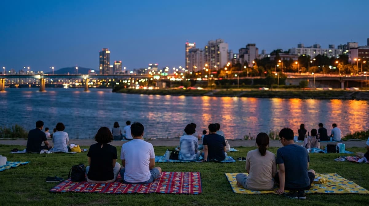 Families and couples sitting on colorful picnic mats on a wide grassy riverbank at dusk, viewed from behind, with the Han River stretching out ahead of them and the warm glow of city lights reflecting on the water