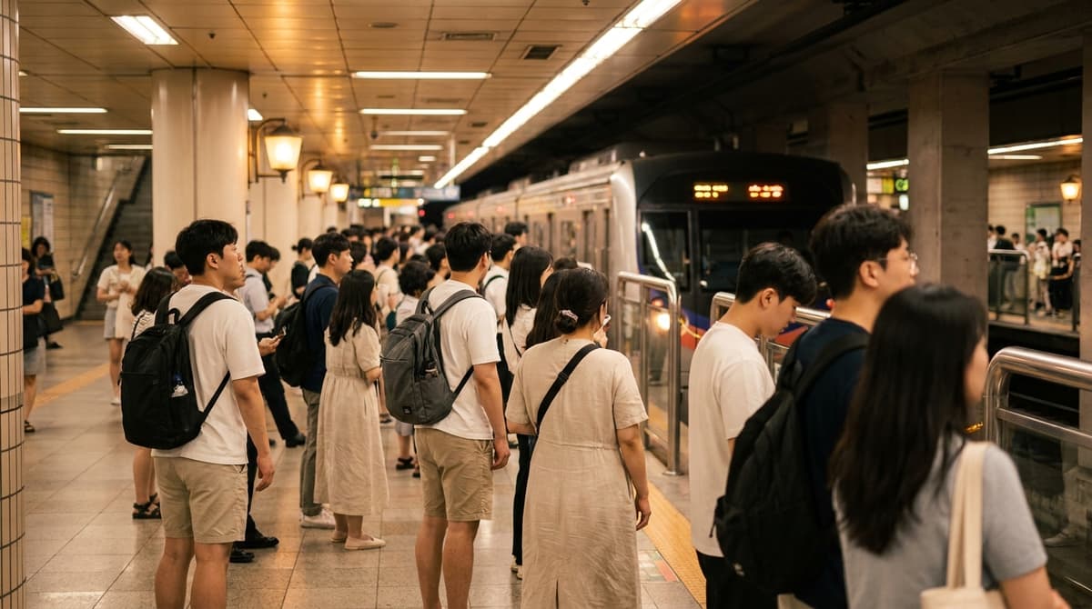 A busy Seoul subway platform viewed from the side — a crowd of people in casual summer clothing waits as a train arrives, with warm platform lighting overhead