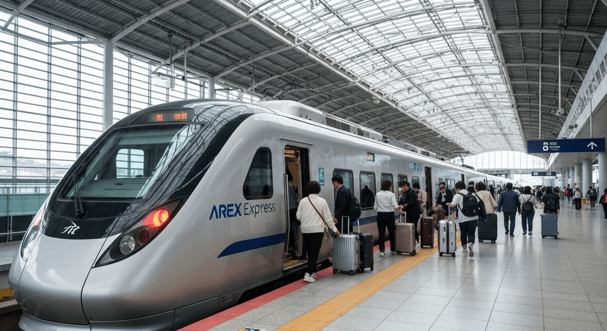 AREX Express train platform at Incheon Airport Terminal 1, modern silver train with passengers boarding