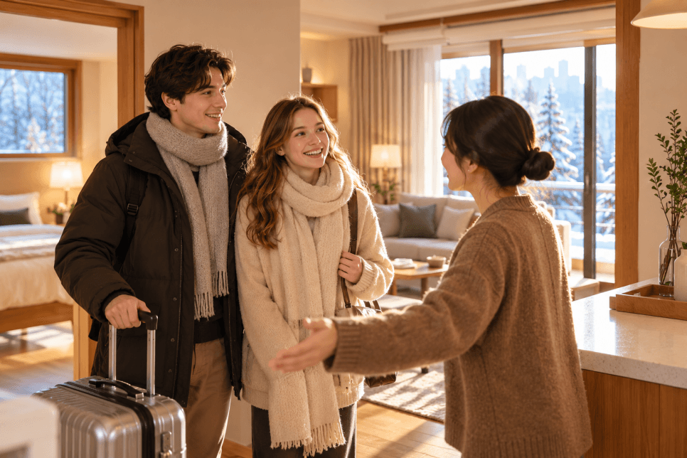 따뜻한 분위기의 숙소에서 호스트가 여행 가방을 든 두 게스트를 맞이하고 있다.